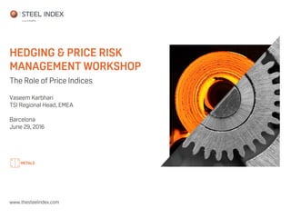 HEDGING & PRICE RISK
MANAGEMENT WORKSHOP
www.thesteelindex.com
The Role of Price Indices
Vaseem Karbhari
TSI Regional Head, EMEA
Barcelona
June 29, 2016
 