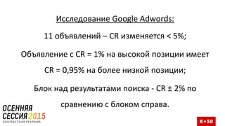 Исследование Google Adwords:
11 объявлений – CR изменяется < 5%;
Объявление с CR = 1% на высокой позиции имеет
CR = 0,95% на более низкой позиции;
Блок над результатами поиска - CR ± 2% по
сравнению с блоком справа.
 