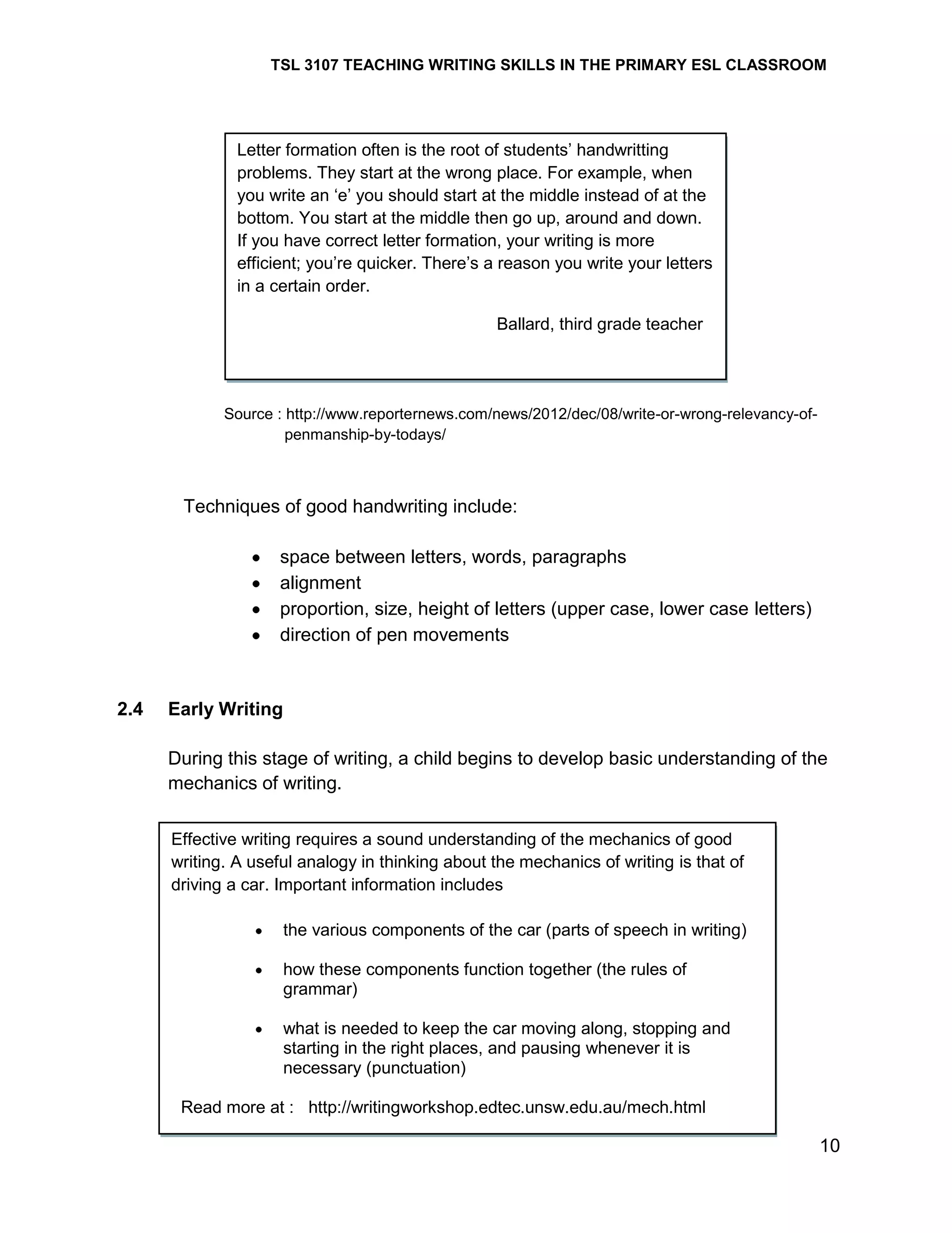 TSL 3107 TEACHING WRITING SKILLS IN THE PRIMARY ESL CLASSROOM

Letter formation often is the root of students‘ handwritting
problems. They start at the wrong place. For example, when
you write an ‗e‘ you should start at the middle instead of at the
bottom. You start at the middle then go up, around and down.
If you have correct letter formation, your writing is more
efficient; you‘re quicker. There‘s a reason you write your letters
in a certain order.
Ballard, third grade teacher

Source : http://www.reporternews.com/news/2012/dec/08/write-or-wrong-relevancy-ofpenmanship-by-todays/

Techniques of good handwriting include:
space between letters, words, paragraphs
alignment
proportion, size, height of letters (upper case, lower case letters)
direction of pen movements

2.4

Early Writing
During this stage of writing, a child begins to develop basic understanding of the
mechanics of writing.
Effective writing requires a sound understanding of the mechanics of good
writing. A useful analogy in thinking about the mechanics of writing is that of
driving a car. Important information includes
the various components of the car (parts of speech in writing)
how these components function together (the rules of
grammar)
what is needed to keep the car moving along, stopping and
starting in the right places, and pausing whenever it is
necessary (punctuation)
Read more at : http://writingworkshop.edtec.unsw.edu.au/mech.html

10

 