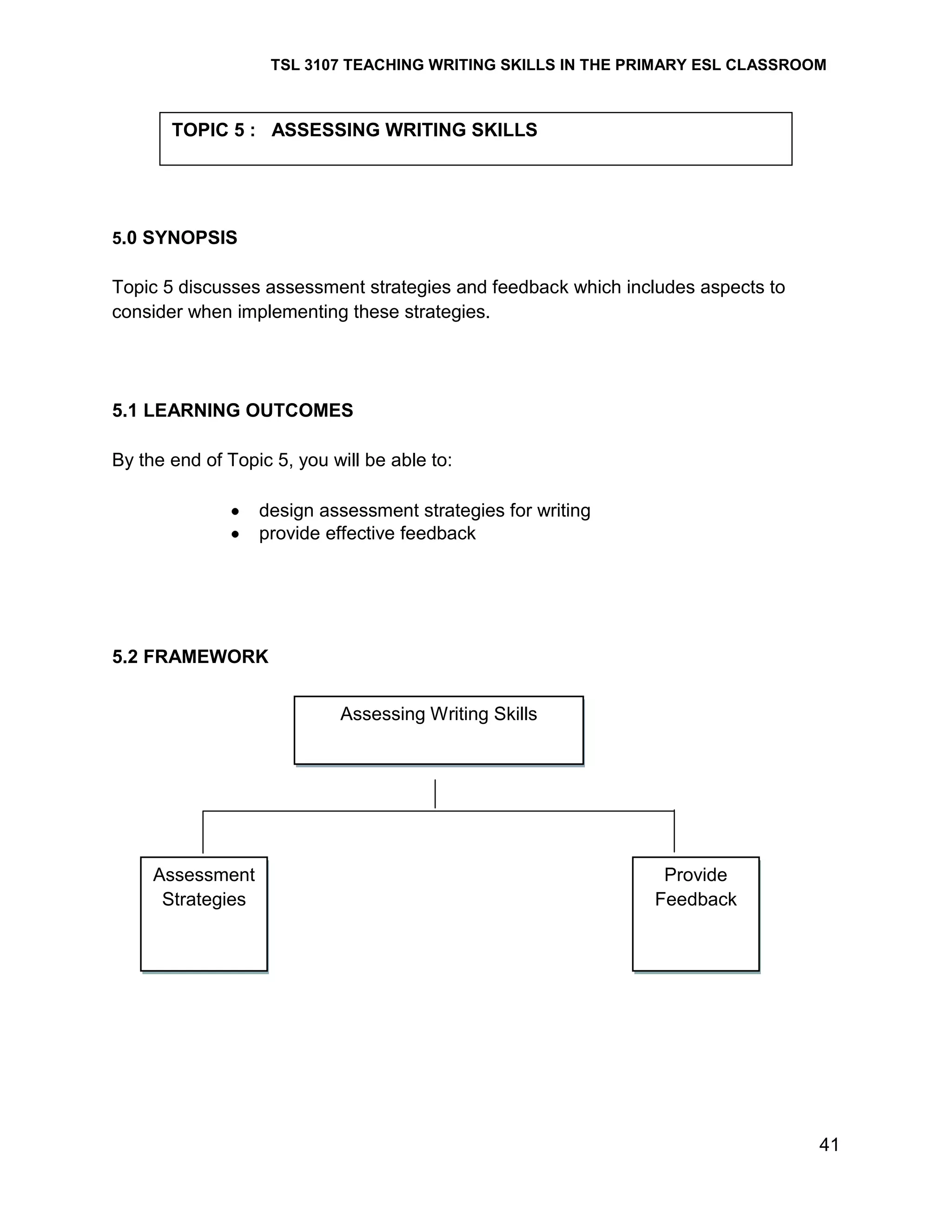 TSL 3107 TEACHING WRITING SKILLS IN THE PRIMARY ESL CLASSROOM

TOPIC 5 : ASSESSING WRITING SKILLS

5.0 SYNOPSIS

Topic 5 discusses assessment strategies and feedback which includes aspects to
consider when implementing these strategies.

5.1 LEARNING OUTCOMES
By the end of Topic 5, you will be able to:
design assessment strategies for writing
provide effective feedback

5.2 FRAMEWORK
Assessing Writing Skills

Assessment
Strategies

Provide
Feedback

41

 