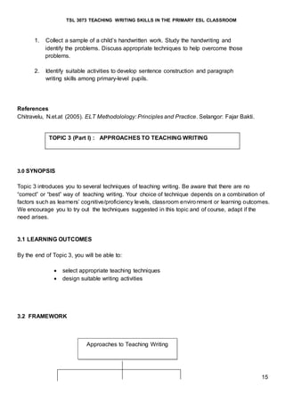 TSL 3073 TEACHING WRITING SKILLS IN THE PRIMARY ESL CLASSROOM
15
1. Collect a sample of a child’s handwritten work. Study the handwriting and
identify the problems. Discuss appropriate techniques to help overcome those
problems.
2. Identify suitable activities to develop sentence construction and paragraph
writing skills among primary-level pupils.
References
Chitravelu, N.et.at (2005). ELT Methodolology: Principles and Practice. Selangor: Fajar Bakti.
3.0 SYNOPSIS
Topic 3 introduces you to several techniques of teaching writing. Be aware that there are no
“correct” or “best” way of teaching writing. Your choice of technique depends on a combination of
factors such as learners’ cognitive/proficiency levels, classroom environment or learning outcomes.
We encourage you to try out the techniques suggested in this topic and of course, adapt if the
need arises.
3.1 LEARNING OUTCOMES
By the end of Topic 3, you will be able to:
 select appropriate teaching techniques
 design suitable writing activities
3.2 FRAMEWORK
TOPIC 3 (Part I) : APPROACHES TO TEACHING WRITING
Approaches to Teaching Writing
 