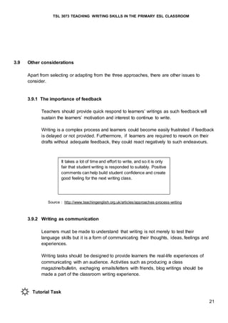 TSL 3073 TEACHING WRITING SKILLS IN THE PRIMARY ESL CLASSROOM
21
3.9 Other considerations
Apart from selecting or adapting from the three approaches, there are other issues to
consider.
3.9.1 The importance of feedback
Teachers should provide quick respond to learners’ writings as such feedback will
sustain the learners’ motivation and interest to continue to write.
Writing is a complex process and learners could become easily frustrated if feedback
is delayed or not provided. Furthermore, if learners are required to rework on their
drafts without adequate feedback, they could react negatively to such endeavours.
Source : http://www.teachingenglish.org.uk/articles/approaches-process-writing
3.9.2 Writing as communication
Learners must be made to understand that writing is not merely to test their
language skills but it is a form of communicating their thoughts, ideas, feelings and
experiences.
Writing tasks should be designed to provide learners the real-life experiences of
communicating with an audience. Activities such as producing a class
magazine/bulletin, exchaging emails/letters with friends, blog writings should be
made a part of the classroom writing experience.
Tutorial Task
It takes a lot of time and effort to write, and so it is only
fair that student writing is responded to suitably. Positive
comments can help build student confidence and create
good feeling for the next writing class.
 