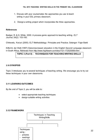 TSL 3073 TEACHING WRITING SKILLS IN THE PRIMARY ESL CLASSROOM
22
1. Discuss with your coursemates the approaches you use to teach
writing in your ESL primary classroom.
2. Design a writing project which incorporates the three approaches.
References
Badger, R. & G. White. 2000. A process genre approach to teaching writing. ELT
Journal, 54(2): 153-160.
Chitravelu, N.et.at (2005). ELT Methodolology: Principles and Practice. Selangor: Fajar Bakti
Kilfoil & der Walt (1997) Outcomes-based education in the English Second Language classroom
in South Africa. Retrieved from http://www.highbeam.com/doc/1G1-172525569.html
3.10 SYNOPSIS
Topic 3 introduces you to several techniques of teaching writing. We encourage you to try out
these techniques in your own classrooms.
3.11 LEARNING OUTCOMES
By the end of Topic 3, you will be able to:
 select appropriate teaching techniques
 design suitable writing activities
3.12 FRAMEWORK
TOPIC 3 (Part II) : TECHNIQUES FOR TEACHING WRITING SKILLS
Techniques in Teaching
WritingSkills
Techniques
using :
- pictures
- readings
 