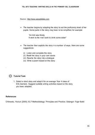 TSL 3073 TEACHING WRITING SKILLS IN THE PRIMARY ESL CLASSROOM
35
Source : http://www.aesopfables.com
 The teacher begins by adapting the story to suit the proficiency level of her
pupils. Some parts in the story may have to be simplified, for example:
“An Ant was thirsty.
It went to the river bank to drink some water”
 The teacher then exploits the story in a number of ways. Here are some
suggestions:
(i) Listen and complete the story
(ii) Retell the story in your own words
(iii) Rewrite the story into a dialogue
(iv) Write a poem based on this story
.
Tutorial Task
1. Select a short story and adapt it for an average Year 4 class of
ESL learners. Suggest suitable writing activities based on the story
you have adapted.
References
Chitravelu, N.et.at (2005). ELT Methodolology: Principles and Practice. Selangor: Fajar Bakti
 
