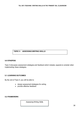 TSL 3073 TEACHING WRITING SKILLS IN THE PRIMARY ESL CLASSROOM
36
5.0 SYNOPSIS
Topic 5 discusses assessment strategies and feedback which includes aspects to consider when
implementing these strategies.
5.1 LEARNING OUTCOMES
By the end of Topic 5, you will be able to:
 design assessment strategies for writing
 provide effective feedback
5.2 FRAMEWORK
TOPIC 5 : ASSESSING WRITING SKILLS
Assessing Writing Skills
 