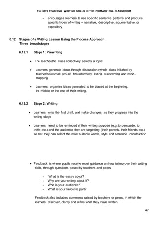 TSL 3073 TEACHING WRITING SKILLS IN THE PRIMARY ESL CLASSROOM
47
- encourages learners to use specific sentence patterns and produce
specific types of writing – narrative, descriptive, argumentative or
expository
6.12 Stages of a Writing Lesson Using the Process Approach:
Three broad stages
6.12.1 Stage 1: Prewriting
 The teacher/the class collectively selects a topic
 Learners generate ideas through discussion (whole class initiated by
teacher/pair/small group), brainstorming, listing, quickwriting and mind-
mapping
 Learners organise ideas generated to be placed at the beginning,
the middle or the end of their writing.
6.12.2 Stage 2: Writing
 Learners write the first draft, and make changes as they progress into the
writing stage
 Learners need to be reminded of their writing purpose (e.g. to persuade, to
invite etc.) and the audience they are targetting (their parents, their friends etc.)
so that they can select the most suitable words, style and sentence construction
 Feedback is where pupils receive most guidance on how to improve their writing
skills, through questions posed by teachers and peers
- What is the essay about?
- Why are you writing about it?
- Who is your audience?
- What is your favourite part?
Feedback also includes comments raised by teachers or peers, in which the
learners discover, clarify and refine what they have written.
 