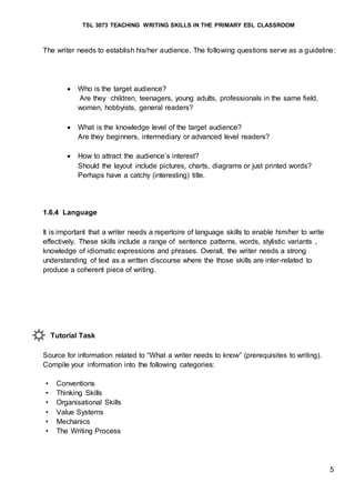 TSL 3073 TEACHING WRITING SKILLS IN THE PRIMARY ESL CLASSROOM
5
The writer needs to establish his/her audience. The following questions serve as a guideline:
 Who is the target audience?
Are they children, teenagers, young adults, professionals in the same field,
women, hobbyists, general readers?
 What is the knowledge level of the target audience?
Are they beginners, intermediary or advanced level readers?
 How to attract the audience’s interest?
Should the layout include pictures, charts, diagrams or just printed words?
Perhaps have a catchy (interesting) title.
1.6.4 Language
It is important that a writer needs a repertoire of language skills to enable him/her to write
effectively. These skills include a range of sentence patterns, words, stylistic variants ,
knowledge of idiomatic expressions and phrases. Overall, the writer needs a strong
understanding of text as a written discourse where the those skills are inter-related to
produce a coherent piece of writing.
Tutorial Task
Source for information related to “What a writer needs to know” (prerequisites to writing).
Compile your information into the following categories:
• Conventions
• Thinking Skills
• Organisational Skills
• Value Systems
• Mechanics
• The Writing Process
 
