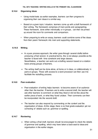 TSL 3073 TEACHING WRITING SKILLS IN THE PRIMARY ESL CLASSROOM
51
6.14.4 Organising ideas
• Using model texts as earlier examples, learners can then progress to
organising their own ideas in a similar way
• Based on a given topic / situation, learners come up with a draft framework of
their writing. The framework comprises of main points and paragraphing.
These framework, done either individually or in groups, can then be pinned
up around the room for comments and comparison.
• When preparing to write an essay, learners could combine some of the ideas
from their peers’ framework into main and supporting statements.
6.14.5 Writing
 In a pure process approach, the writer goes through several drafts before
producing a final version. In practical terms, this is not always possible as the
teacher is faced with time constraint and large classes.
Nevertheless, a teacher can work out a drafting session based on a rotation
basis among groups of learners.
 The writing itself can be done alone, at home or in class, or collaboratively in
pairs or groups. Those with access to a word processor can then use it to
facilitate the redrafting process.
6.14.6 Peer evaluation
 Peer evaluation of writing helps learners to become aware of an audience
other than the teacher. If learners are to write a second draft, the teacher will
ask other learners to comment on what they liked or did not like about the
earlier piece of work, or what they found unclear. Their comments can then
be incorporated into the second draft.
 The teacher can also respond by commenting on the content and the
organisation of ideas. At this stage, there is no final grade evaluation yet nor
correcting of details such as grammar or spelling.
6.14.7 Reviewing
 When writing a final draft, learners should be encouraged to check the details
of grammar and spelling, which may have taken a back seat to ideas and
organisation in the earlier stages.
 