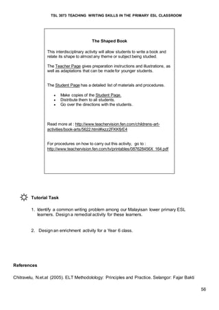 TSL 3073 TEACHING WRITING SKILLS IN THE PRIMARY ESL CLASSROOM
56
Tutorial Task
1. Identify a common writing problem among our Malayisan lower primary ESL
learners. Design a remedial activity for these learners.
2. Design an enrichment activity for a Year 6 class.
References
Chitravelu, N.et.at (2005). ELT Methodolology: Principles and Practice. Selangor: Fajar Bakti
The Shaped Book
This interdisciplinary activity will allow students to write a book and
relate its shape to almost any theme or subject being studied.
The Teacher Page gives preparation instructions and illustrations, as
well as adaptations that can be made for younger students.
The Student Page has a detailed list of materials and procedures.
 Make copies of the Student Page.
 Distribute them to all students.
 Go over the directions with the students.
Read more at : http://www.teachervision.fen.com/childrens-art-
activities/book-arts/5622.html#ixzz2FKKfjrE4
For procedures on how to carry out this activity, go to :
http://www.teachervision.fen.com/tv/printables/087628456X_164.pdf
 