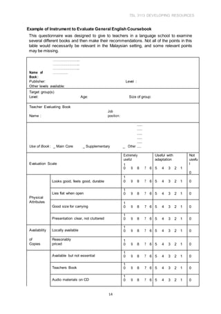 TSL 3113 DEVELOPING RESOURCES
14
Example of Instrument to Evaluate General English Coursebook
This questionnaire was designed to give to teachers in a language school to examine
several different books and then make their recommendations. Not all of the points in this
table would necessarily be relevant in the Malaysian setting, and some relevant points
may be missing.
Name of
Book :
....................................
....................................
....................................
...................
Publisher: Level :
Other levels available:
Target group(s)
Level: Age: Size of group:
Teacher Evaluating Book
Name :
Job
position:
Use of Book: _ Main Core _ Supplementary _ Other
......
......
......
......
......
.....
Extremely
useful
Useful with
adaptation
Not
Evaluation Scale
usefu
l1
0 9 8 7 6 5 4 3 2 1
0
Looks good, feels good, durable
1
0 9 8 7 6 5 4 3 2 1 0
Physical
Lies flat when open
1
0 9 8 7 6 5 4 3 2 1 0
Attributes
Good size for carrying
1
0 9 8 7 6 5 4 3 2 1 0
Presentation clear, not cluttered
1
0 9 8 7 6 5 4 3 2 1 0
Availability Locally available
1
0 9 8 7 6 5 4 3 2 1 0
of Reasonably
priced
1
0 9 8 7 6 5 4 3 2 1 0Copies
Available but not essential
1
0 9 8 7 6 5 4 3 2 1 0
Teachers Book
1
0 9 8 7 6 5 4 3 2 1 0
Audio materials on CD
1
0 9 8 7 6 5 4 3 2 1 0
 