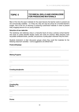 TSL 3113 DEVELOPING RESOURCES
34
Most of the time the exact materials for the exact lessons the teacher wants to present are
not commercially available – or if they are, they are way too pricey for a humble teacher’s
budget. Part of the fun of teaching is producing customised materials in order to present
lively engaging lessons for our young students.
Selection of raw materials
The bookshop and stationery shop is a favourite haunt of many a primary school teacher
who loves to create beautiful display charts and cards for practice. Many teachers save
recyclable cardboard boxes, packets, and pictures or pretty paper whenever they find them.
Students brainstorm in their discussion groups where they could find materials for the
following classroom activities – some suggestions are offered here:
Posters/Displays:
...............................................................................................................................
...................................................................................................................................................
.......
Making Puppets:
...............................................................................................................................
...................................................................................................................................................
.......
...................................................................................................................................................
....
Creating storybooks:
.........................................................................................................................
...................................................................................................................................................
.......
...................................................................................................................................................
.......
Creating Big
Books...................................................................................................................................
...................................................................................................................................................
.......
...................................................................................................................................................
.......
Drama:
................................................................................................................................................
TOPIC 5 TECHNICAL SKILLS AND KNOWLEDGE
FOR PRODUCING MATERIALS
 