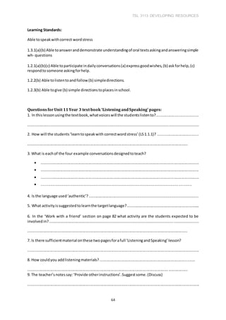 TSL 3113 DEVELOPING RESOURCES
64
Learning Standards:
Able tospeakwithcorrect wordstress
1.3.1(a)(b) Able toansweranddemonstrate understandingof oral textsaskingandansweringsimple
wh- questions
1.2.1(a)(b)(c) Able toparticipate indailyconversations(a) expressgoodwishes,(b) askforhelp,(c)
respondtosomeone askingforhelp.
1.2.2(b) Able tolistentoandfollow(b) simpledirections.
1.2.3(b) Able togive (b) simple directionstoplacesinschool.
QuestionsforUnit 11Year 3 text book‘ListeningandSpeaking’ pages:
1. In thislessonusingthe textbook,whatvoiceswill the studentslistento?......................................
.......................................................................................................................................................
2. How will the students‘learntospeakwith correctwordstress’(LS1.1.1)? ......................................
.......................................................................................................................................................
3. What is eachof the four example conversationsdesignedtoteach?
 .....................................................................................................................................................
 .....................................................................................................................................................
 .....................................................................................................................................................
 .....................................................................................................................................................
4. Is the language used‘authentic’? ..................................................................................................
5. What activityissuggestedtolearnthe targetlanguage?....................................................................
6. In the ‘Work with a friend’ section on page 82 what activity are the students expected to be
involvedin?......................................................................................................................................
.......................................................................................................................................................
7. Is there sufficientmaterial onthese twopagesforafull ‘ListeningandSpeaking’lesson?
..................................................................................................................................................................
8. How couldyou addlisteningmaterials?..........................................................................................
.......................................................................................................................................................
9. The teacher’snotessay:‘Provide otherinstructions’.Suggestsome.(Discuss)
..................................................................................................................................................................
 