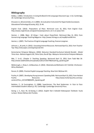 TSL 3113 DEVELOPING RESOURCES
67
Bibliography
Dobbs,J. (2001). Introduction.In Using theBoard in the Language Classroom (pp. 1-11). Cambridge,
UK: Cambridge University Press.
Elissavet,G.,&Economides,A.A.(2003). AnevaluationInstrumentforHypermediaCourseware.
EducationalTechnology &Society,6(2), 31-44.
English Club. (2013). Prepositions of Place. Retrieved June 16, 2013, from English Club:
http://www.englishclub.com/grammar/prepositions-at-in-on-place.htm
Harmer, J. (2006, May). 10 things I hate about PowerPoint. Retrieved May 13, 2013, from
Humanising Language Teaching Magazine: http://www.hltmag.co.uk/may06/mart04.htm
Harmer,J. (2007). The Practice of EnglishLanguage Teaching.PearsonLongman.
Johnson,L.,& Lamb, A.(2013). Evauating InternetResources. RetrievedApril 21, 2013, from Teacher
Tap: http://eduscapes.com/tap/topic32.htm
Kementarian Pelajaran Malaysia. (2010). Dokumen Standard Kurikulum Sekolah Rendah . Modul
Teras Asas - Bahasa InggerisSJK,Tahun Satu,Dua &Tiga. Malaysia:KementarianPelajaranMalaysia.
Mat, T. (n.d.). Chapter 3: Teaching Speaking. Retrieved April 21, 2013, from Todd Mat 34:
http://www.toddmat34.com/uploads/1/9/1/7/1917706/teaching_speaking.pdf
McDonough,J., Shaw,C.,& Masuhara, H. (2013). Materialsand Methodsin ELT (3rd Ed). Chichester:
Wiley-Blackwell.
Nunan,D. (2003). Practical English LanguageTeaching. New York:McGraw Hill.
Puchta,H. (2007). Developing Young Leraners'Speaking Skills. RetrievedApril 21,2013, from Herbert
Puchta Resources: http://www.herbertpuchta.com/wp-
content/files_mf/1337800529YL_Speaking.pdf
Redston, C., & Cunningham, G. (2006). Superheroes: The Real Spiderman. In Face to Face:
Intermediate Student's Book (p. 97). Cambridge: Cambridge University Press.
Seong, L. E., Kaur, M., & Awang, Z. (2012). English Year 3 Sekolah Kebangsaan Textbook. Kuala
Lumpur: Dewan Bahasa dan Pustaka.
 