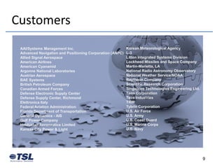Customers
 AAI/Systems Management Inc.                              Korean Meteorological Agency
 Advanced Navigation and Positioning Corporation (ANPC)   L-3
 Allied Signal Aerospace                                  Litton Integrated Systems Division
 American Airlines                                        Lockheed Missiles and Space Company
 American Cyanamid                                        Martin-Marietta, LA
 Argonne National Laboratories                            National Radio Astronomy Observatory
 Austrian Aerospace                                       National Weather Service/NOAA
 BAE Systems                                              Raytheon Company
 British Petroleum Company                                Scientific Research Corporation
 Canadian Armed Forces                                    Singapore Technologies Engineering Ltd.
 Defense Electronic Supply Center                         Tano Corporation
 Defense Supply Center, Richmond                          Taos Industries
 Elettronica Italy                                        TRW
 Federal Aviation Administration                          Tybrin Corporation
 Florida Department of Transportation                     U.S. Air Force
 General Dynamics - AIS                                   U.S. Army
 Gulf Power Company                                       U.S. Coast Guard
 Hindustan Aeronautics Limited                            U.S. Marine Corps
 Kansas City Power & Light                                U.S. Navy




                                                                                                    9
 