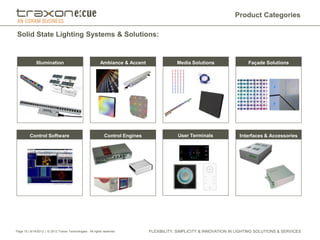 Product Categories

Solid State Lighting Systems & Solutions:


              Illumination                                 Ambiance & Accent               Media Solutions                  Façade Solutions




         Control Software                                    Control Engines                User Terminals              Interfaces & Accessories




Page 10 | 8/14/2012 | © 2012 Traxon Technologies. All rights reserved.         FLEXIBILITY, SIMPLICITY & INNOVATION IN LIGHTING SOLUTIONS & SERVICES
 