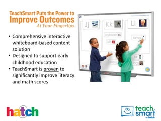 • Comprehensive interactive
  whiteboard-based content
  solution
• Designed to support early
  childhood education
• TeachSmart is proven to
  significantly improve literacy
  and math scores
 