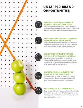 UNTAPPED BRAND
OPPORTUNITIES
CREATE A FEEDBACK LOOP BETWEEN
ORGANIC, PAID, AND DARK SOCIAL
Use organic as a testing ground, paid metrics to
understand audience behaviors, and dark tracking to
identify what users really want their friends to see.
SPEND TIME ON KPIS BEFORE CHOOSING
AN ENGAGEMENT RATE FORMULA 
To accurately measure and attribute social impact,
choose the metrics that ladder up to your desired
outcome and help achieve your business goals.
MATCH YOUR CONTENT TO THE WAY
YOUR AUDIENCE ALREADY USES SOCIAL 
Users have been conditioned by platforms
differently. What’s familiar on one is not the same
on the other. Listen to your audience and discover
what is shareable on each platform.
LEVERAGE CULTURAL MOMENTS THAT
MAKE SENSE FOR YOUR BRAND 
The easiest way to “beat” the algorithm is with
hyper relevancy. Find creative ways to naturally
align your brand with trends of the moment.
24
BE RESOURCEFUL TO BE REMEMBERED 
Surprising and delighting your audience shouldn’t be
limited to organic content. Give free tips, hacks, and
how-to’s to provide a useful preview to your product
by amplifying your posts.
 