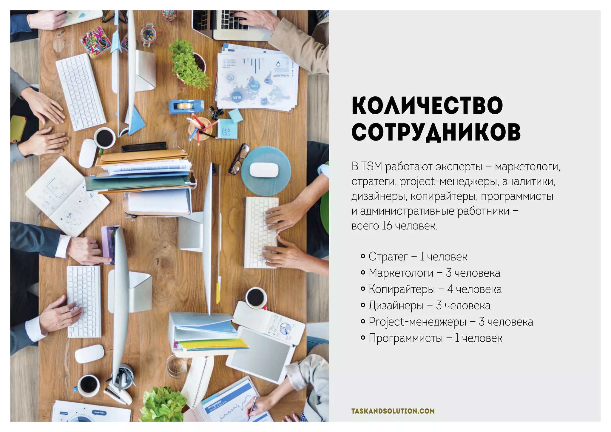 taskandsolution.com
Количество
сотрудников
В TSM работают эксперты — маркетологи,
стратеги, project-менеджеры, аналитики,
дизайнеры, копирайтеры, программисты
и административные работники —
всего 16 человек.
￮ Стратег — 1 человек
￮ Маркетологи — 3 человека
￮ Копирайтеры — 4 человека
￮ Дизайнеры — 3 человека
￮ Project-менеджеры — 3 человека
￮ Программисты — 1 человек
 