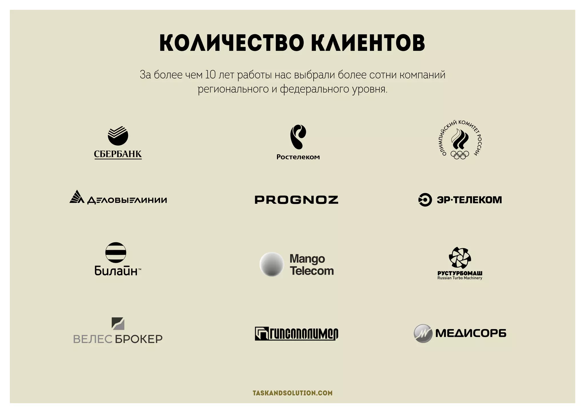 Количество клиентов
taskandsolution.com
За более чем 10 лет работы нас выбрали более сотни компаний
регионального и федерального уровня.
 