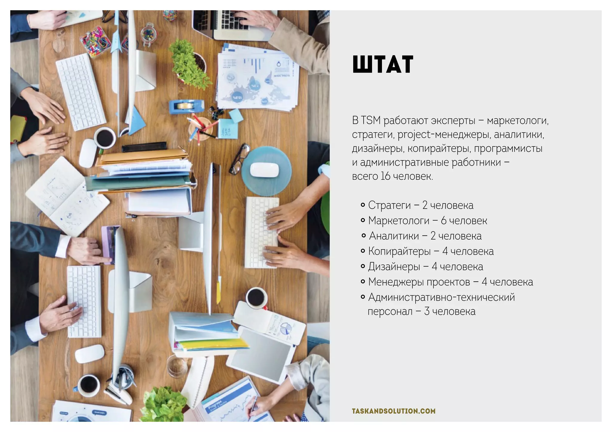 taskandsolution.com
Штат
В TSM работают эксперты — маркетологи,
стратеги, project-менеджеры, аналитики,
дизайнеры, копирайтеры, программисты
и административные работники —
всего 16 человек.
￮ Стратеги — 2 человека
￮ Маркетологи — 6 человек
￮ Аналитики — 2 человека
￮ Копирайтеры — 4 человека
￮ Дизайнеры — 4 человека
￮ Менеджеры проектов — 4 человека
￮ Административно-технический
персонал — 3 человека
 