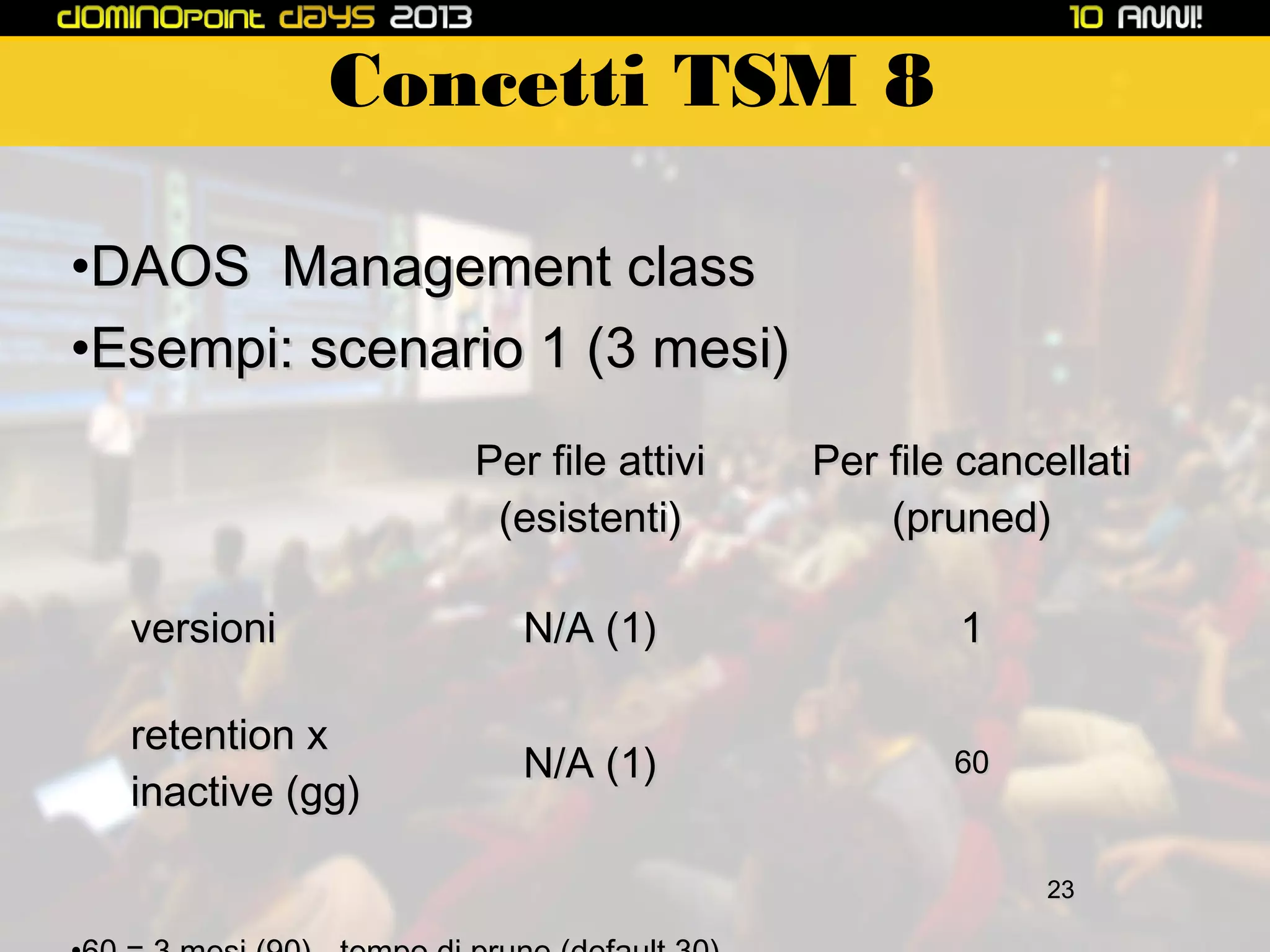 Concetti TSM 8
•DAOS Management class
•Esempi: scenario 1 (3 mesi)
Per file attivi
(esistenti)

Per file cancellati
(pruned)

versioni

N/A (1)

1

retention x
inactive (gg)

N/A (1)

60

23

 
