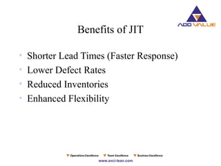 Benefits of JIT
• Shorter Lead Times (Faster Response)
• Lower Defect Rates
• Reduced Inventories
• Enhanced Flexibility
 