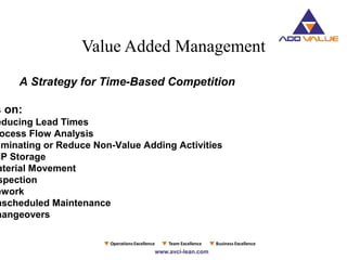 Value Added Management
A Strategy for Time-Based Competition
s on:
educing Lead Times
ocess Flow Analysis
iminating or Reduce Non-Value Adding Activities
IP Storage
aterial Movement
spection
ework
nscheduled Maintenance
hangeovers
 