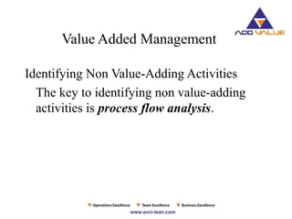 Value Added Management
Identifying Non Value-Adding Activities
The key to identifying non value-adding
activities is process flow analysis.
 