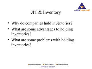 JIT & Inventory
• Why do companies hold inventories?
• What are some advantages to holding
inventories?
• What are some problems with holding
inventories?
 