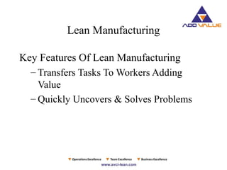 Lean Manufacturing
Key Features Of Lean Manufacturing
– Transfers Tasks To Workers Adding
Value
– Quickly Uncovers & Solves Problems
 
