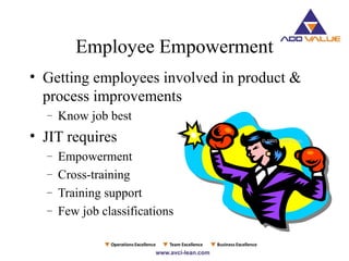 • Getting employees involved in product &
process improvements
– Know job best
• JIT requires
– Empowerment
– Cross-training
– Training support
– Few job classifications
© 1995 Corel Corp.
Employee Empowerment
 