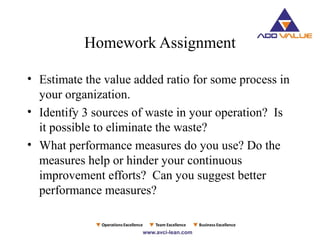 Homework Assignment
• Estimate the value added ratio for some process in
your organization.
• Identify 3 sources of waste in your operation? Is
it possible to eliminate the waste?
• What performance measures do you use? Do the
measures help or hinder your continuous
improvement efforts? Can you suggest better
performance measures?
 