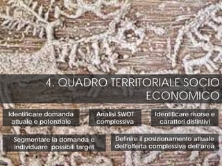 4. QUADRO TERRITORIALE SOCIO
ECONOMICO
Identificare domanda
attuale e potenziale
Analisi SWOT
complessiva
Segmentare la domanda e
individuare possibili target
Identificare risorse e
caratteri distintivi
Definire il posizionamento attuale
dell’offerta complessiva dell’area
 