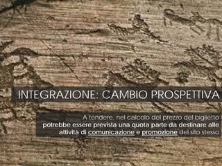 A tendere, nel calcolo del prezzo del biglietto
potrebbe essere prevista una quota parte da destinare alle
attività di comunicazione e promozione del sito stesso
INTEGRAZIONE: CAMBIO PROSPETTIVA
 