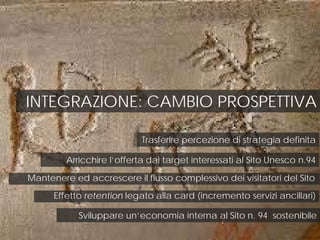 INTEGRAZIONE: CAMBIO PROSPETTIVA
Arricchire l’offerta dai target interessati al Sito Unesco n.94
Mantenere ed accrescere il flusso complessivo dei visitatori del Sito
Effetto retention legato alla card (incremento servizi ancillari)
Trasferire percezione di strategia definita
Sviluppare un’economia interna al Sito n. 94 sostenibile
 