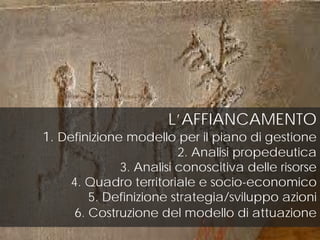 L’AFFIANCAMENTO
1. Definizione modello per il piano di gestione
2. Analisi propedeutica
3. Analisi conoscitiva delle risorse
4. Quadro territoriale e socio-economico
5. Definizione strategia/sviluppo azioni
6. Costruzione del modello di attuazione
 