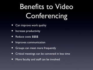 Benefits to Video Conferencing Can improve work quality Increase productivity Reduce costs $$$$ Improves communication Groups can meet more frequently Critical meetings can be convened in less time More faculty and staff can be involved 