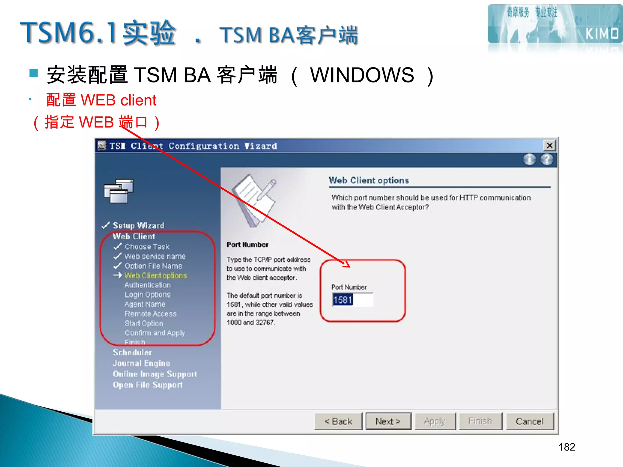  安装配置 TSM BA 客户端 （ WINDOWS ）
• 配置 WEB client
（指定 WEB 端口）
182
 