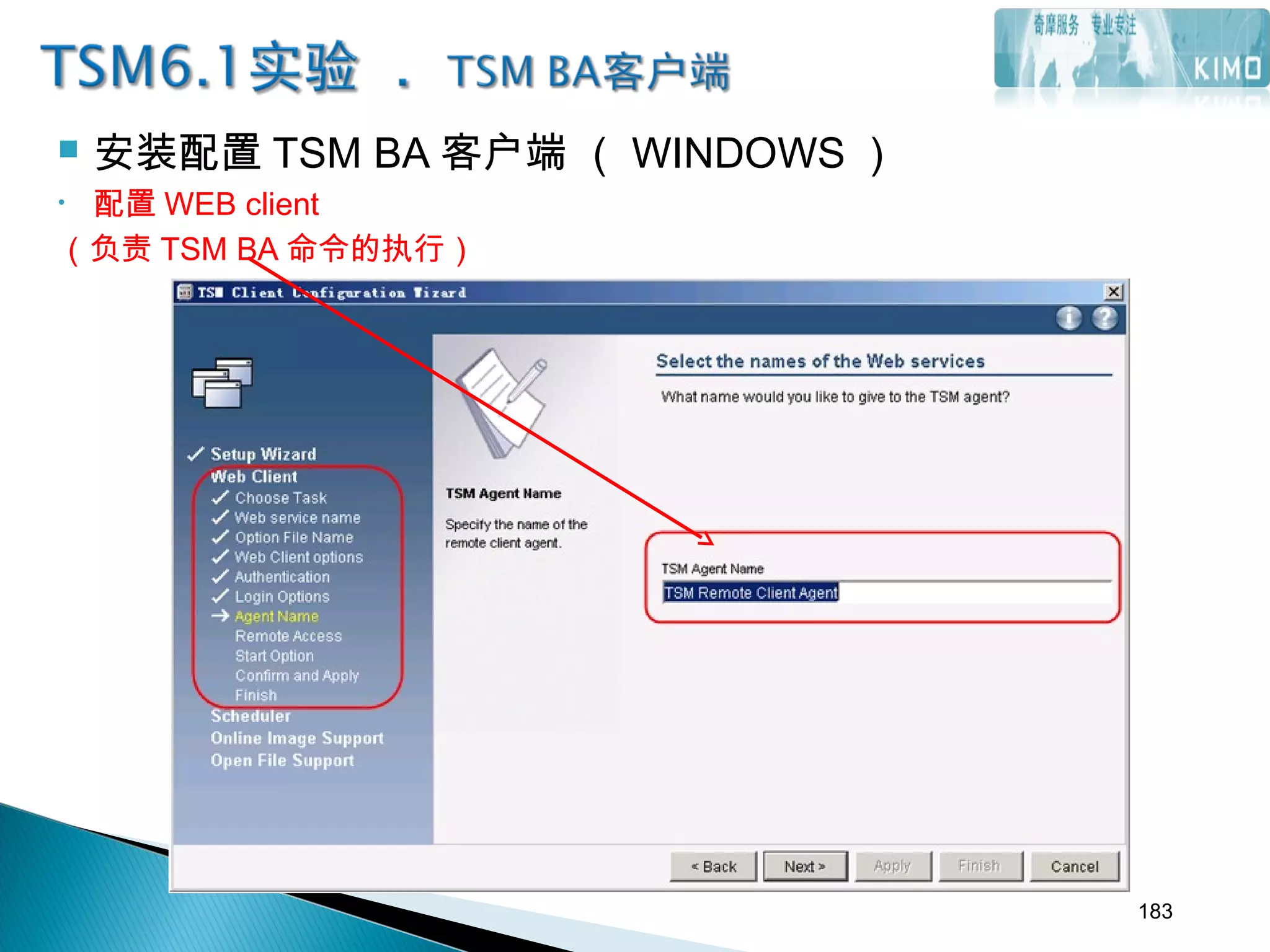  安装配置 TSM BA 客户端 （ WINDOWS ）
• 配置 WEB client
（负责 TSM BA 命令的执行）
183
 