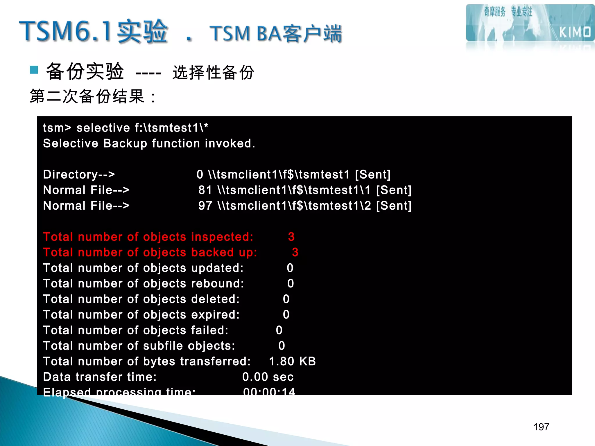  备份实验 ---- 选择性备份
第二次备份结果：
tsm> selective f:tsmtest1*
Selective Backup function invoked.
Directory--> 0 tsmclient1f$tsmtest1 [Sent]
Normal File--> 81 tsmclient1f$tsmtest11 [Sent]
Normal File--> 97 tsmclient1f$tsmtest12 [Sent]
Total number of objects inspected: 3
Total number of objects backed up: 3
Total number of objects updated: 0
Total number of objects rebound: 0
Total number of objects deleted: 0
Total number of objects expired: 0
Total number of objects failed: 0
Total number of subfile objects: 0
Total number of bytes transferred: 1.80 KB
Data transfer time: 0.00 sec
Elapsed processing time: 00:00:14
197
 