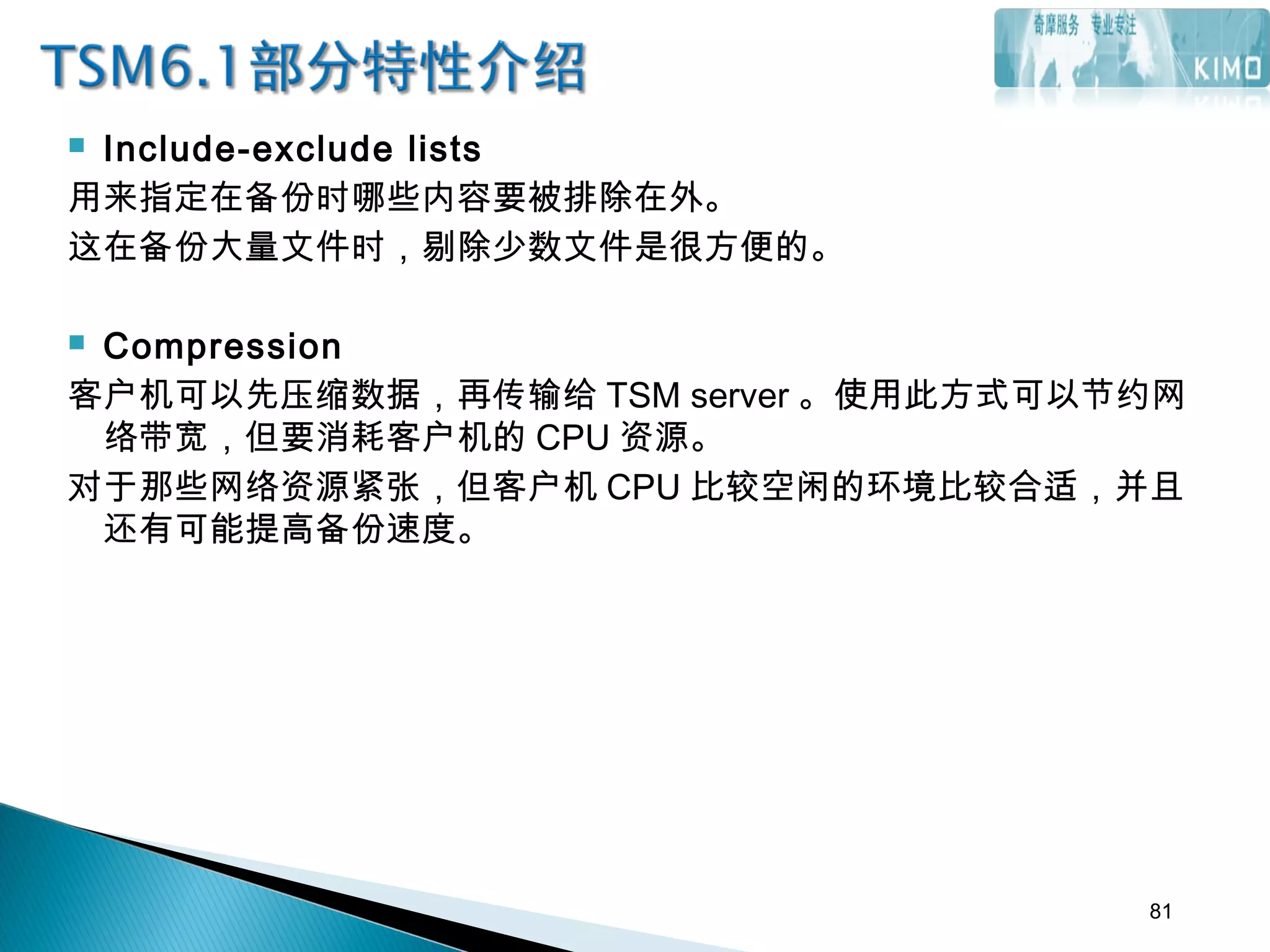  Include-exclude lists
用来指定在备份时哪些内容要被排除在外。
这在备份大量文件时，剔除少数文件是很方便的。
 Compression
客户机可以先压缩数据，再传输给 TSM server 。使用此方式可以节约网
络带宽，但要消耗客户机的 CPU 资源。
对于那些网络资源紧张，但客户机 CPU 比较空闲的环境比较合适，并且
还有可能提高备份速度。
81
 