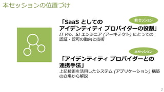 2
本セッションの位置づけ
「SaaS としての
アイデンティティ プロバイダーの役割」
IT Pro、SI エンジニア (アーキテクト) にとっての
認証・認可の動向と技術
「アイデンティティ プロバイダーとの
連携手法」
上記技術を活用したシステム (アプリケーション) 構築
の立場から解説
前セッション
本セッション
 