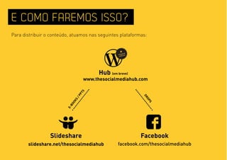 E COMO FAREMOS ISSO?
Para distribuir o conteúdo, atuamos nas seguintes plataformas:


                                                                 al
                                                          originnt
                                                           conte




                                                 Hub (em breve)
                                           www.thesocialmediahub.com
                                      S
                                      PT
                                /P




                                                                      DR
                                                                         O
                                  S
                               OK




                                                                        PS
                            BO
                         E-




                 Slideshare                                           Facebook
       slideshare.net/thesocialmediahub                   facebook.com/thesocialmediahub
 