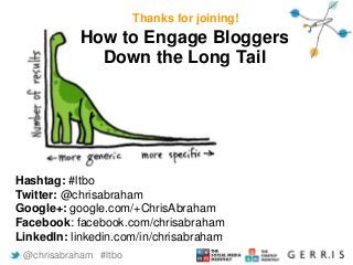 Thanks for joining! 
How to Engage Bloggers 
Down the Long Tail 
Hashtag: #ltbo 
Twitter: @chrisabraham 
Google+: google.com/+ChrisAbraham 
Facebook: facebook.com/chrisabraham 
LinkedIn: linkedin.com/in/chrisabraham 
@chrisabraham #ltbo 
 