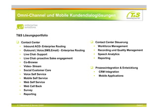 © Teleconnect & Service GmbH Seite 6
Omni-Channel und Mobile Kundendialoglösungen
T&S Lösungsportfolio
 Contact Center
 Inbound ACD- Enterprise Routing
 Outound ( Voice,SMS,Email) - Enterprise Routing
 Live Chat- Support
 Live Chat- proactive Sales engagement
 Co-Browse
 Video- Stream
 Social Customer Care
 Voice Self Service
 Mobile Self Service
 Web Self Service
 Web Call Back
 Survey
 Reporting
 Contact Center Steuerung
 Workforce Management
 Recording und Quality Management
 Speech Analytics
 Reporting
 Prozessintegration & Entwicklung
 CRM Integration
 Mobile Applications
 