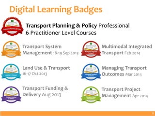 Digital Learning Badges
Transport System
Management 18-19 Sep 2013
Land Use & Transport
16-17 Oct 2013
Transport Funding &
Delivery Aug 2013
8
Multimodal Integrated
Transport Feb 2014
Managing Transport
Outcomes Mar 2014
Transport Project
Management Apr 2014
Transport Planning & Policy Professional
6 Practitioner Level Courses
8
 