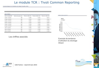 22
Café-Techno – Jeudi 26 mars 2015
Le module TCR : Tivoli Common Reporting
Les chiffres associés
Exemple de tendance
d’utilisation du stockage
disque
 
