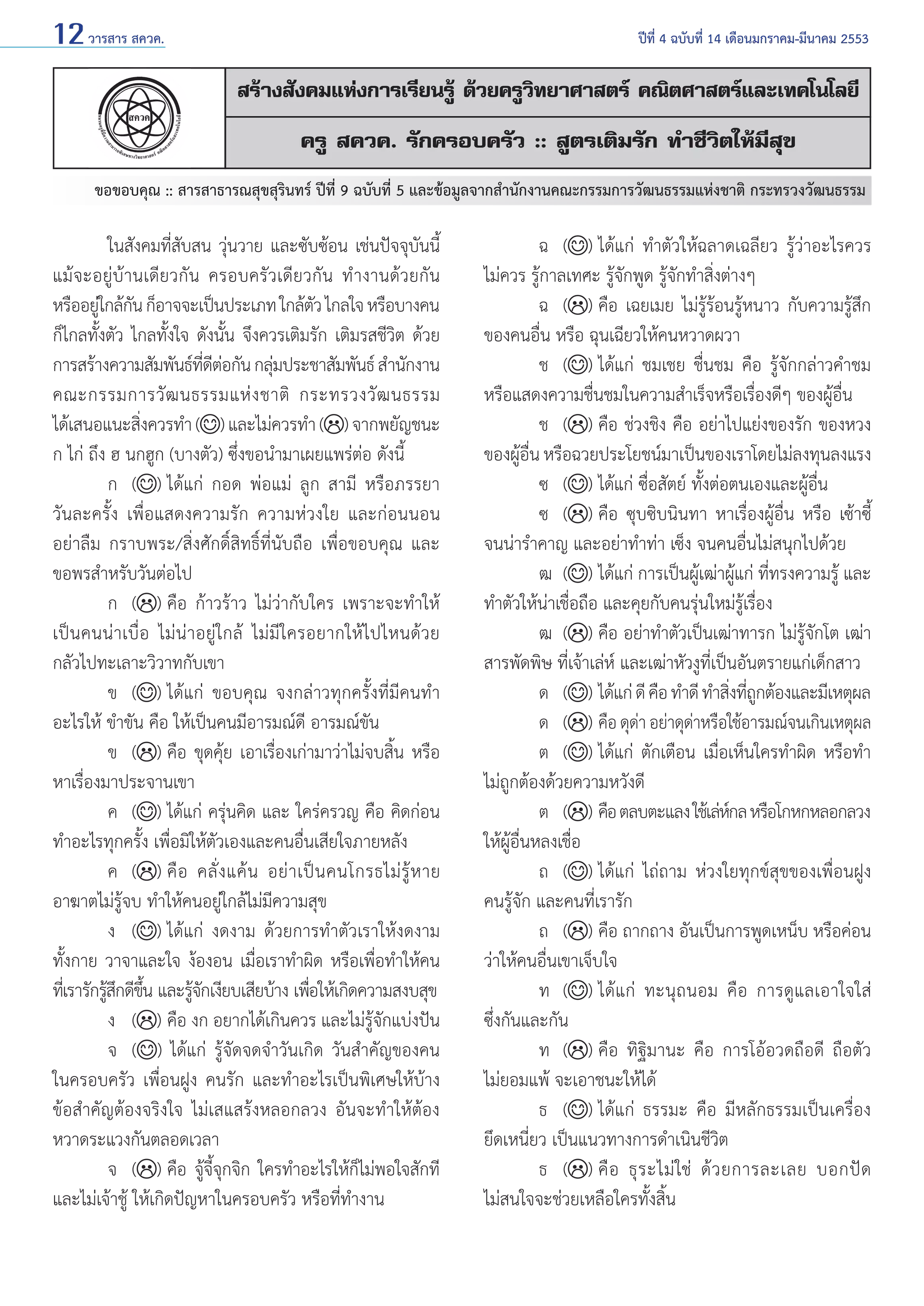 12 วารสาร สควค.	

ปีที่ 4 ฉบับที่ 14 เดือนมกราคม-มีนาคม 2553

สร้างสังคมแห่งการเรียนรู้ ด้วยครูวิทยาศาสตร์ คณิตศาสตร์และเทคโนโลยี
ครู สควค. รักครอบครัว :: สูตรเติมรัก ทำ�ชีวิตให้มีสุข
ขอขอบคุณ :: สารสาธารณสุขสุรินทร์ ปีที่ 9 ฉบับที่ 5 และข้อมูลจากสำ�นักงานคณะกรรมการวัฒนธรรมแห่งชาติ กระทรวงวัฒนธรรม

	
ในสังคมที่สับสน วุ่นวาย และซับซ้อน เช่นปัจจุบันนี้
แม้จะอยู่บ้านเดียวกัน ครอบครัวเดียวกัน ทำ �งานด้วยกัน
หรืออยูใกล้กน ก็อาจจะเป็นประเภท ใกล้ตว ไกลใจ หรือบางคน
่ ั
ั
ก็ไกลทั้งตัว ไกลทั้งใจ ดังนั้น จึงควรเติมรัก เติมรสชีวิต ด้วย
การสร้างความสัมพันธ์ทดตอกัน กลุมประชาสัมพันธ์ สำ�นักงาน
ี่ ี ่
่
คณะกรรมการวั ฒ นธรรมแห่ ง ชาติ กระทรวงวั ฒ นธรรม
ได้เสนอแนะสิงควรทำ� ( ) และไม่ควรทำ� ( ) จากพยัญชนะ
่
ก ไก่ ถึง ฮ นกฮูก (บางตัว) ซึ่งขอนำ�มาเผยแพร่ต่อ ดังนี้
	
ก 	 ( ) 	ได้แก่ กอด พ่อแม่ ลูก สามี หรือภรรยา
วันละครั้ง เพื่อแสดงความรัก ความห่วงใย และก่อนนอน
อย่าลืม กราบพระ/สิ่งศักดิ์สิทธิ์ที่นับถือ เพื่อขอบคุณ และ
ขอพรสำ�หรับวันต่อไป
	
ก 	 ( ) 	คือ ก้าวร้าว ไม่ว่ากับใคร เพราะจะทำ�ให้
เป็นคนน่าเบื่อ ไม่น่าอยู่ใกล้ ไม่มีใครอยากให้ไปไหนด้วย
กลัวไปทะเลาะวิวาทกับเขา
	
ข 	 ( ) 	ได้แก่ ขอบคุณ จงกล่าวทุกครั้งที่มีคนทำ�
อะไรให้ ขำ�ขัน คือ ให้เป็นคนมีอารมณ์ดี อารมณ์ขัน
	
ข 	 ( ) 	คือ ขุดคุ้ย เอาเรื่องเก่ามาว่าไม่จบสิ้น หรือ
หาเรื่องมาประจานเขา
	
ค 	 ( ) 	ได้แก่ ครุ่นคิด และ ใคร่ครวญ คือ คิดก่อน
ทำ�อะไรทุกครั้ง เพื่อมิให้ตัวเองและคนอื่นเสียใจภายหลัง
	
ค 	 ( ) 	คื อ คลั่ ง แค้ น อย่ า เป็ น คนโกรธไม่ รู้ ห าย
อาฆาตไม่รู้จบ ทำ�ให้คนอยู่ใกล้ไม่มีความสุข
	
ง 	 ( ) 	ได้แก่ งดงาม ด้วยการทำ�ตัวเราให้งดงาม
ทั้งกาย วาจาและใจ ง้องอน เมื่อเราทำ�ผิด หรือเพื่อทำ�ให้คน
ทีเ่ รารักรูสกดีขน และรูจกเงียบเสียบ้าง เพือให้เกิดความสงบสุข
้ ึ ้ึ
้ั
่
	
ง 	 ( ) 	คือ งก อยากได้เกินควร และไม่รู้จักแบ่งปัน
	
จ 	 ( ) ได้แก่ รู้จัดจดจำ�วันเกิด วันสำ�คัญของคน
ในครอบครัว เพื่อนฝูง คนรัก และทำ�อะไรเป็นพิเศษให้บ้าง
ข้อสำ�คัญต้องจริงใจ ไม่เสแสร้งหลอกลวง อันจะทำ�ให้ต้อง
หวาดระแวงกันตลอดเวลา
	
จ	 ( ) 	คือ จู้จี้จุกจิก ใครทำ�อะไรให้ก็ไม่พอใจสักที
และไม่เจ้าชู้ ให้เกิดปัญหาในครอบครัว หรือที่ทำ�งาน	

	
ฉ 	 ( ) 	ได้แก่ ทำ�ตัวให้ฉลาดเฉลียว รู้ว่าอะไรควร
ไม่ควร รู้กาลเทศะ รู้จักพูด รู้จักทำ�สิ่งต่างๆ
	
ฉ 	 ( ) 	คือ เฉยเมย ไม่รู้ร้อนรู้หนาว กับความรู้สึก
ของคนอื่น หรือ ฉุนเฉียวให้คนหวาดผวา
	
ช 	 ( ) 	ได้แก่ ชมเชย ชื่นชม คือ รู้จักกล่าวคำ�ชม
หรือแสดงความชื่นชมในความสำ�เร็จหรือเรื่องดีๆ ของผู้อื่น
	
ช 	 ( ) 	คือ ช่วงชิง คือ อย่าไปแย่งของรัก ของหวง
ของผู้อื่น หรือฉวยประโยชน์มาเป็นของเราโดยไม่ลงทุนลงแรง
	
ซ 	 ( ) 	ได้แก่ ซื่อสัตย์ ทั้งต่อตนเองและผู้อื่น
	
ซ 	 ( ) 	คือ ซุบซิบนินทา หาเรื่องผู้อื่น หรือ เซ้าซี้
จนน่ารำ�คาญ และอย่าทำ�ท่า เซ็ง จนคนอื่นไม่สนุกไปด้วย
	
ฒ 	( ) 	ได้แก่ การเป็นผู้เฒ่าผู้แก่ ที่ทรงความรู้ และ
ทำ�ตัวให้น่าเชื่อถือ และคุยกับคนรุ่นใหม่รู้เรื่อง
	
ฒ 	( ) 	คือ อย่าทำ�ตัวเป็นเฒ่าทารก ไม่รู้จักโต เฒ่า
สารพัดพิษ ที่เจ้าเล่ห์ และเฒ่าหัวงูที่เป็นอันตรายแก่เด็กสาว
	
ด 	 ( ) 	ได้แก่ ดี คือ ทำ�ดี ทำ�สิงทีถกต้องและมีเหตุผล
่ ู่
	
ด 	 ( ) 	คอ ดุดา อย่าดุดาหรือใช้อารมณ์จนเกินเหตุผล
ื ่
่
	
ต 	 ( ) 	ได้แก่ ตักเตือน เมื่อเห็นใครทำ�ผิด หรือทำ�
ไม่ถูกต้องด้วยความหวังดี
	
ต	 ( ) 	คอ ตลบตะแลง ใช้เล่หกล หรือโกหกหลอกลวง
ื
์
ให้ผู้อื่นหลงเชื่อ
	
ถ 	 ( ) 	ได้แก่ ไถ่ถาม ห่วงใยทุกข์สุขของเพื่อนฝูง
คนรู้จัก และคนที่เรารัก
	
ถ 	 ( ) 	คือ ถากถาง อันเป็นการพูดเหน็บ หรือค่อน
ว่าให้คนอื่นเขาเจ็บใจ
	
ท 	 ( ) 	ได้แก่ ทะนุถนอม คือ การดูแลเอาใจใส่
ซึ่งกันและกัน
	
ท 	 ( ) 	คือ ทิฐิมานะ คือ การโอ้อวดถือดี ถือตัว
ไม่ยอมแพ้ จะเอาชนะให้ได้
	
ธ	 ( ) 	ได้แก่ ธรรมะ คือ มีหลักธรรมเป็นเครื่อง
ยึดเหนี่ยว เป็นแนวทางการดำ�เนินชีวิต
	
ธ	 ( ) 	คื อ ธุ ร ะไม่ ใช่ ด้ ว ยการละเลย บอกปั ด
ไม่สนใจจะช่วยเหลือใครทั้งสิ้น

 