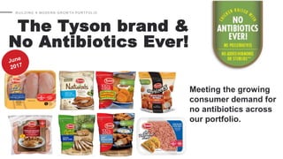 BUILDING A MODERN GROW TH PORTFOLIO
The Tyson brand &
No Antibiotics Ever!
Meeting the growing
consumer demand for
no antibiotics across
our portfolio.
 