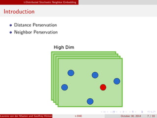 t-Distributed Stochastic Neighbor Embedding 
Introduction 
Distance Perservation 
Neighbor Perservation 
Laurens van der Maaten and Georey Hinton, JMLR 2008 (MCLta-bS)NE October 30, 2014 7 / 33 
 
